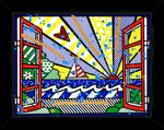 This image is a colorful, abstract artwork featuring a sailboat on the ocean viewed through an open window. The background includes a sunburst pattern with rays extending outward, a heart, and various shapes. Bright colors such as red, blue, yellow, green, and white are used, with additional splashes of blue paint adding a dynamic touch to the art piece.  mixed media original Romero Britto art Pop Art open window sailboat sunrise ocean art