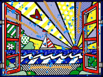 This image is a colorful, abstract artwork featuring a sailboat on the ocean viewed through an open window. The background includes a sunburst pattern with rays extending outward, a heart, and various shapes. Bright colors such as red, blue, yellow, green, and white are used, with additional splashes of blue paint adding a dynamic touch to the art piece.  mixed media original Romero Britto art Pop Art open window sailboat sunrise ocean art