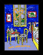 A colorful, abstract artwork of a cozy room with an open window, featuring a table with a tea set, a chair, and a bed. The walls are deep blue with framed pictures. A large gold heart is painted over the window. Colors used include deep blue, yellow, red, green, white, and gold, with splashes of blue paint throughout..    mixed media original Romero Britto art Pop Art open window sailboat sunrise ocean art