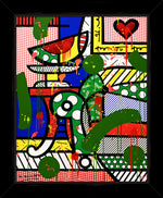   This image is a colorful, abstract artwork featuring a piece of a living room. The background includes deep blue wall, a stripped and polka dot background. Bright colors such as blue, green, yellow, red, are used, with additional splashes of , pink, orange, and yellow paint adding a lively touch to the art piece.   mixed media original Romero Britto art Pop Art home couch heart