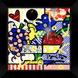 This image is a colorful, abstract artwork featuring a bunch of grapes, a heart, and floral elements. The vibrant colors include red, yellow, blue, and black, with a background of stripes and polka dots. Yellow paint splashes add a dynamic touch, creating a playful and lively artwork.