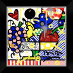 This image is a colorful, abstract artwork featuring a bunch of grapes, a heart, and floral elements. The vibrant colors include red, yellow, blue, and black, with a background of stripes and polka dots. Yellow paint splashes add a dynamic touch, creating a playful and lively artwork. mixed media original Romero Britto art Pop Art fruit food art