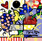 This image is a colorful, abstract artwork featuring a bunch of grapes, a heart, and floral elements. The vibrant colors include red, yellow, blue, and black, with a background of stripes and polka dots. Yellow paint splashes add a dynamic touch, creating a playful and lively artwork. mixed media original Romero Britto art Pop Art fruit food art