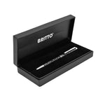 A silver pen with a black body featuring silver abstract patterns and the "Britto" logo around the middle.   Pens  Fine Tip  Black Ink  designer pen