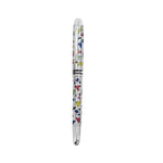 A silver pen decorated with colorful heart patterns. The pen features the "Britto" logo around the cap. Colors used include red, yellow, blue, green, and black. Pens FineTip Black Ink designer pen