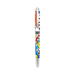 A silver pen featuring colorful abstract designs in shades of orange, red, yellow, teal, and blue, along with the "Britto" logo around the middle.  Pens  Fine Tip  Black Ink  designer pen