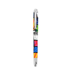 A silver pen featuring colorful abstract designs in shades of orange, red, yellow, green, and blue, along with the "Britto" logo around the middle.  Pens  Fine Tip  Black Ink  designer pen colorful landscape