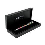 A silver pen featuring colorful abstract designs with roses in shades of orange, pink, yellow, green, and purple, along with the "Britto" logo around the middle.  Pens  Fine Tip  Black Ink  designer pen