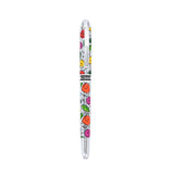 A silver pen featuring colorful abstract designs with roses in shades of orange, pink, yellow, green, and purple, along with the "Britto" logo around the middle.  Pens  Fine Tip  Black Ink  designer pen