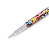 A silver pen featuring colorful brushstroke hearts in shades of orange, red, yellow, teal, and blue, along with the "Britto" logo around the middle.  Pens  Fine Tip  Black Ink  designer pen