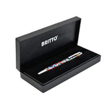 A silver pen featuring colorful brushstroke hearts in shades of orange, red, yellow, teal, and blue, along with the "Britto" logo around the middle.  Pens  Fine Tip  Black Ink  designer pen