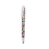 A silver pen featuring colorful brushstroke hearts in shades of orange, red, yellow, teal, and blue, along with the "Britto" logo around the middle.  Pens  Fine Tip  Black Ink  designer pen